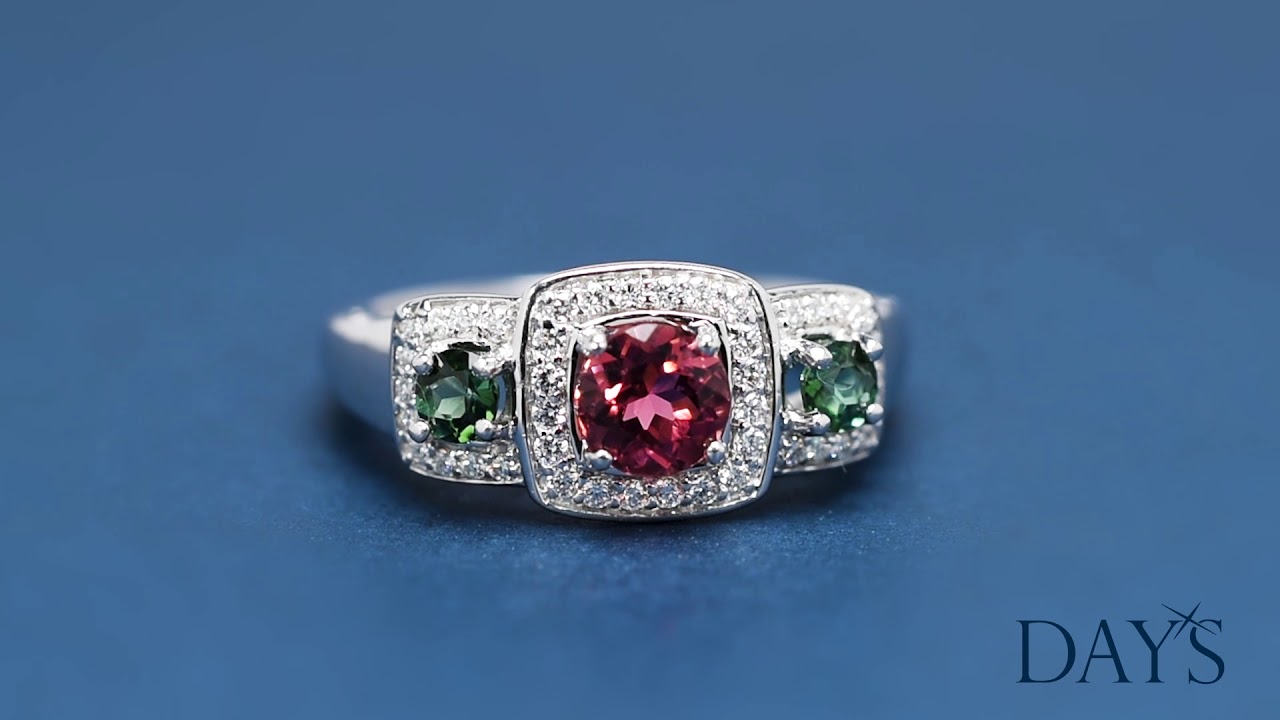 Maine Tourmaline And Diamond Three Stone Ring In 18kt White Gold (1/5ct Tw)