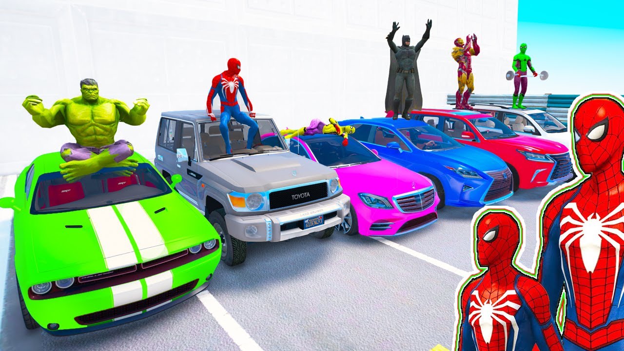 صورة فيديو : العاب سيارات شاص و لكزس وربع spiderman w SUVs cars on ramp