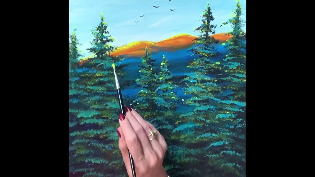 How to paint highlights and shadows in a landscape. Acrylic painting of mountains and trees