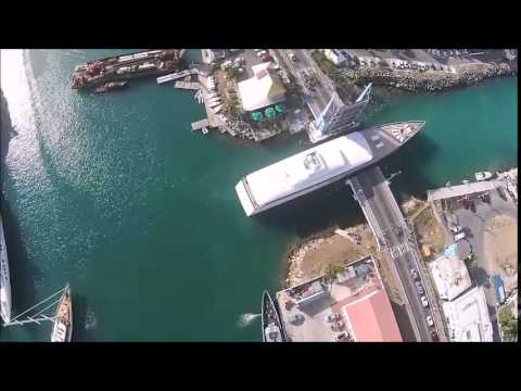 Steve Jobs Superyacht Venus squeezing through Simpson Bay bridge [Drone View]