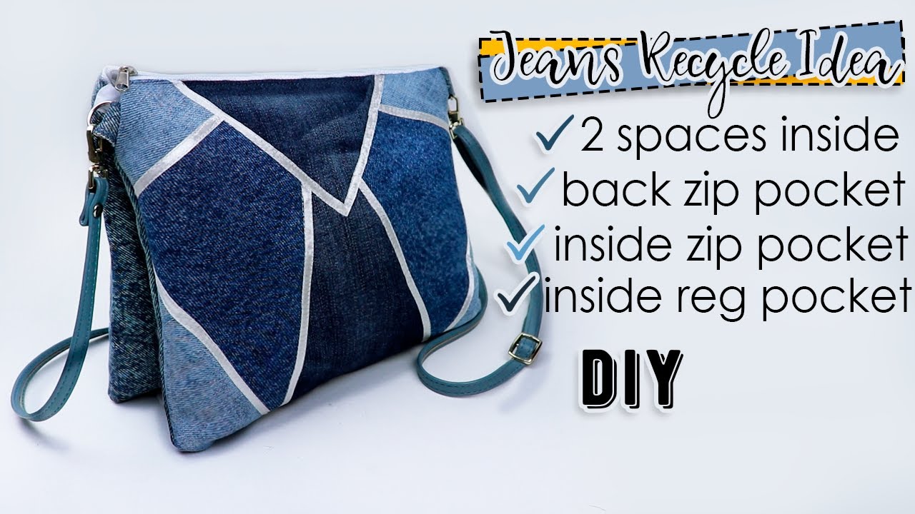 DIY Double Jeans Zip Crossbody Bag Tutorial Mosaic Bag Design in 30 min ...