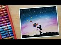 How To Draw Beautiful Scenery Drawing with Oil Pastels || Night Sky Drawing