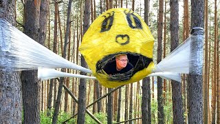 Building outdoor shelter Smiley House made of Plastic Wrap  | How survival solo bushcraft?