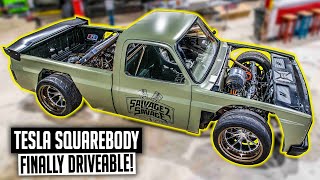 Tesla Swapped C10 Squarebody First Drive with Pushrod Race Suspension!  EV C10 Ep. 27