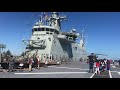 Tour of HMAS Adelaide navy war ship POV with army & navy tank and helicopter boat