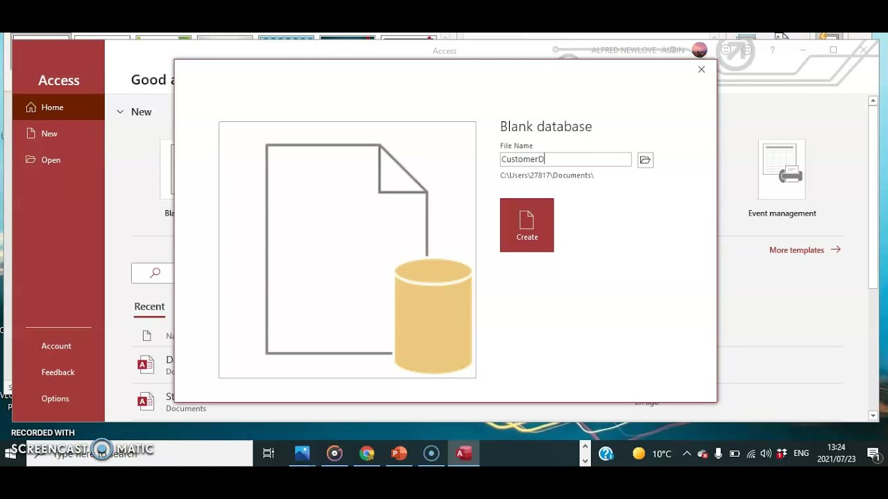 Open Microsoft Access from the start menu