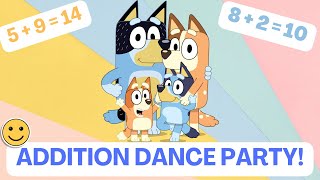 Bluey Emoji Addition Dance Party! Math Movement Learning Activity for Kids! Level 2 Addition :)
