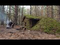 Dugout shelter building, Log Cabin in the woods, bushcraft camp