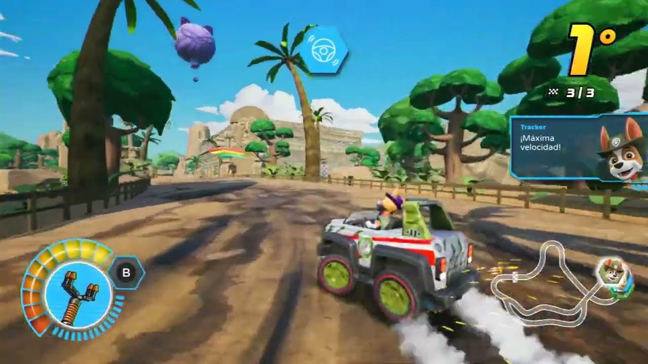 Tracker es un cachorro explorador y gana el sprint del Templo del mono. Patrulla Canina Grand Prix.