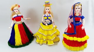 3 Barbi indian Doll dress and Jewellery out of color woolen | 3 Doll decortion ideas