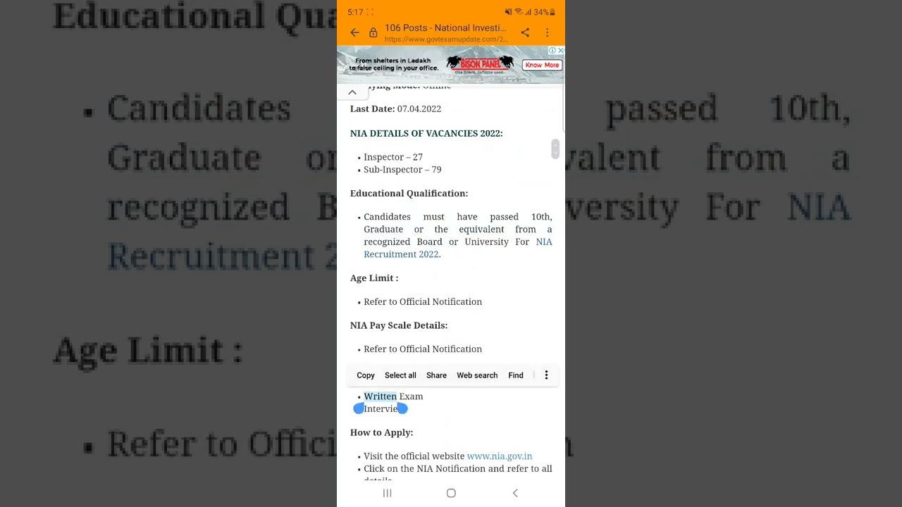 recruitmeny of 106 inspector& sub inspector in NIA