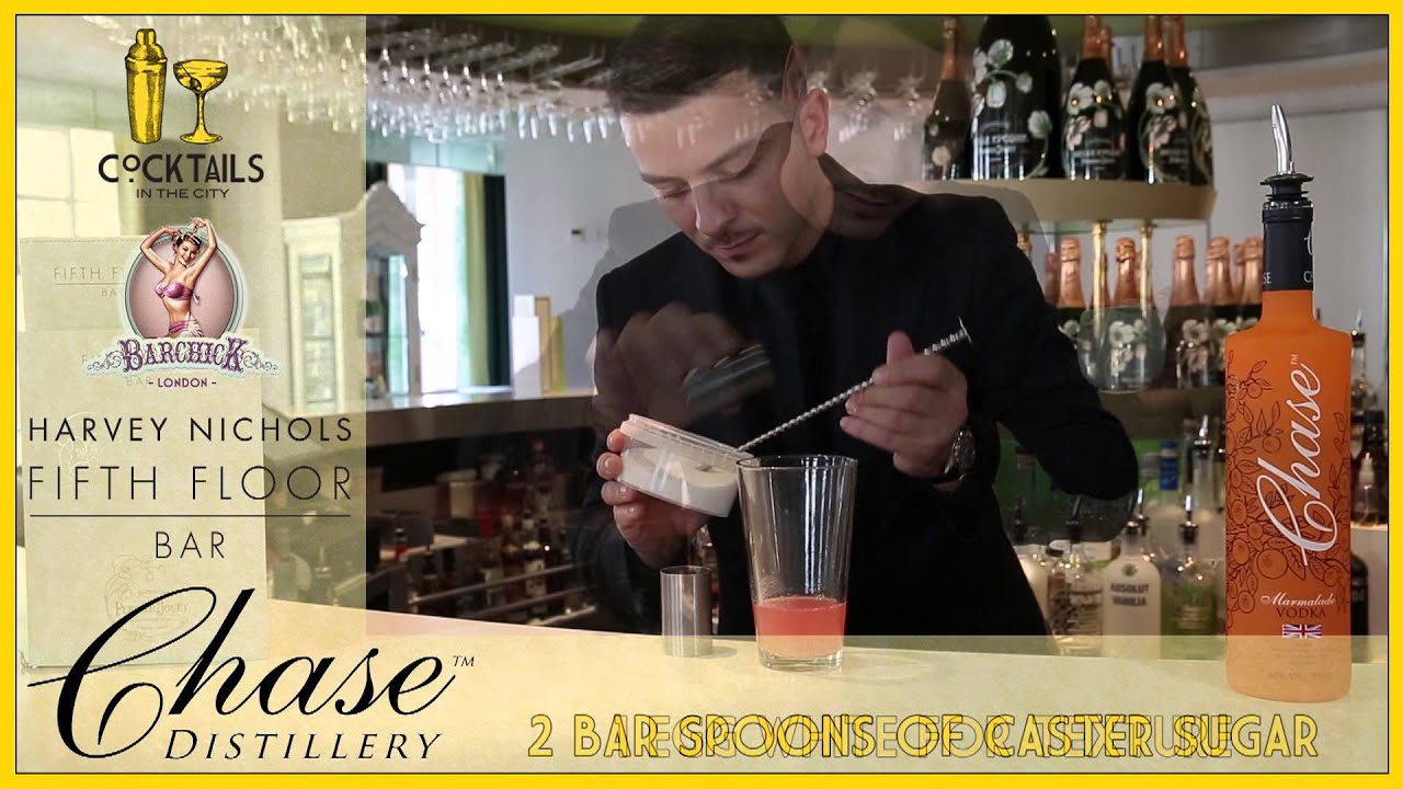 Harvey Nichols Fifth Floor Bar make a Chase Distillery maramlade fizz cocktail _ CITC LDN13 Promo