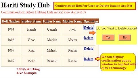 Confirm User Before Deleting Data in GridView Control Using Ajax Asp.net C# | Hindi | Free Learning