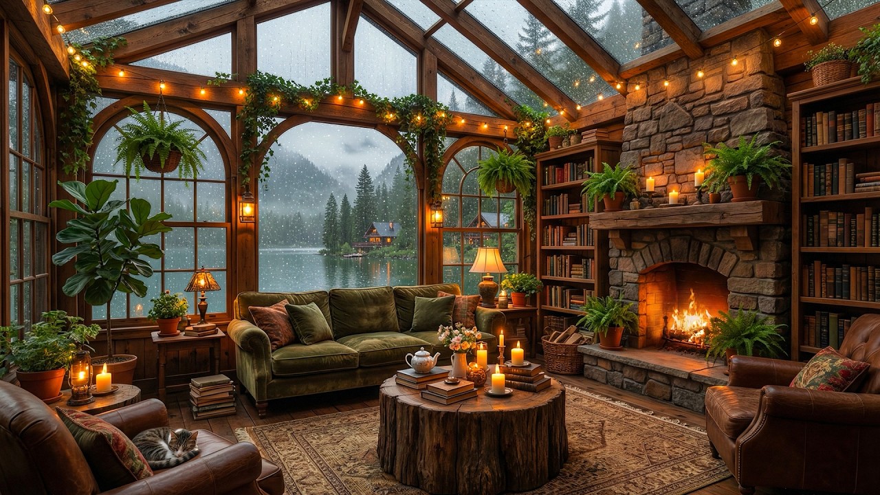 Tranquil Coffee Shop Jazz Ambience 🌿 Gentle Piano, Rain & Fireplace Sounds for Study & Work