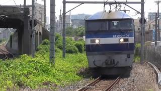 JR貨物　新塗装EF210 107号機が牽引する5070ﾚ貨物列車を東淀川-吹田貨物ターミナル間で撮影（R1.7.24)