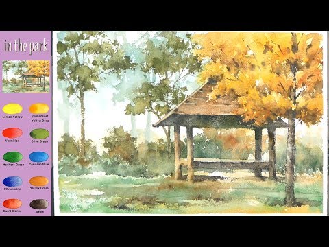 Without Sketch Landscape Watercolor - in the <strong>park</strong> (<strong>color</strong> mixing, Arches)NAMIL ART