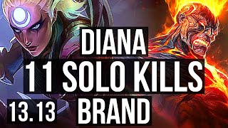 DIANA vs BRAND (MID) | 11 solo kills, 800+ games, 1.4M mastery, Legendary | NA Master | 13.13