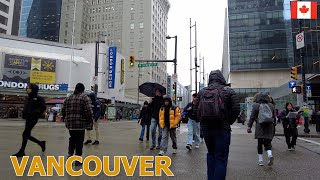 Freezing Rain and Snow-mixed in Downtown Vancouver Canada | Vancouver Walking Tour on Feb 27 2024