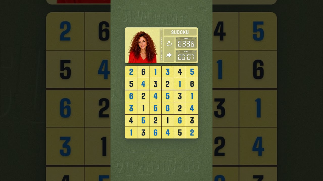 LinkedIn Mini Sudoku #336 solved board for July 13, 2026, 6x6 grid