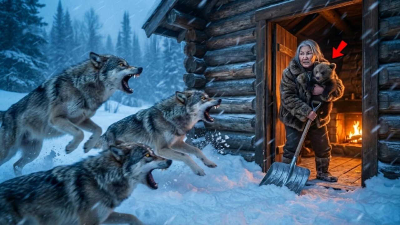 Grandma saved the bear cub from a pack of ferocious wolves.