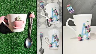 مج صلصال حراري حرف A مزخرف بالورد ?? تزين فنجان ساده بالصلصال الحراري شكل فنجان كيوت ☕?polymer clay