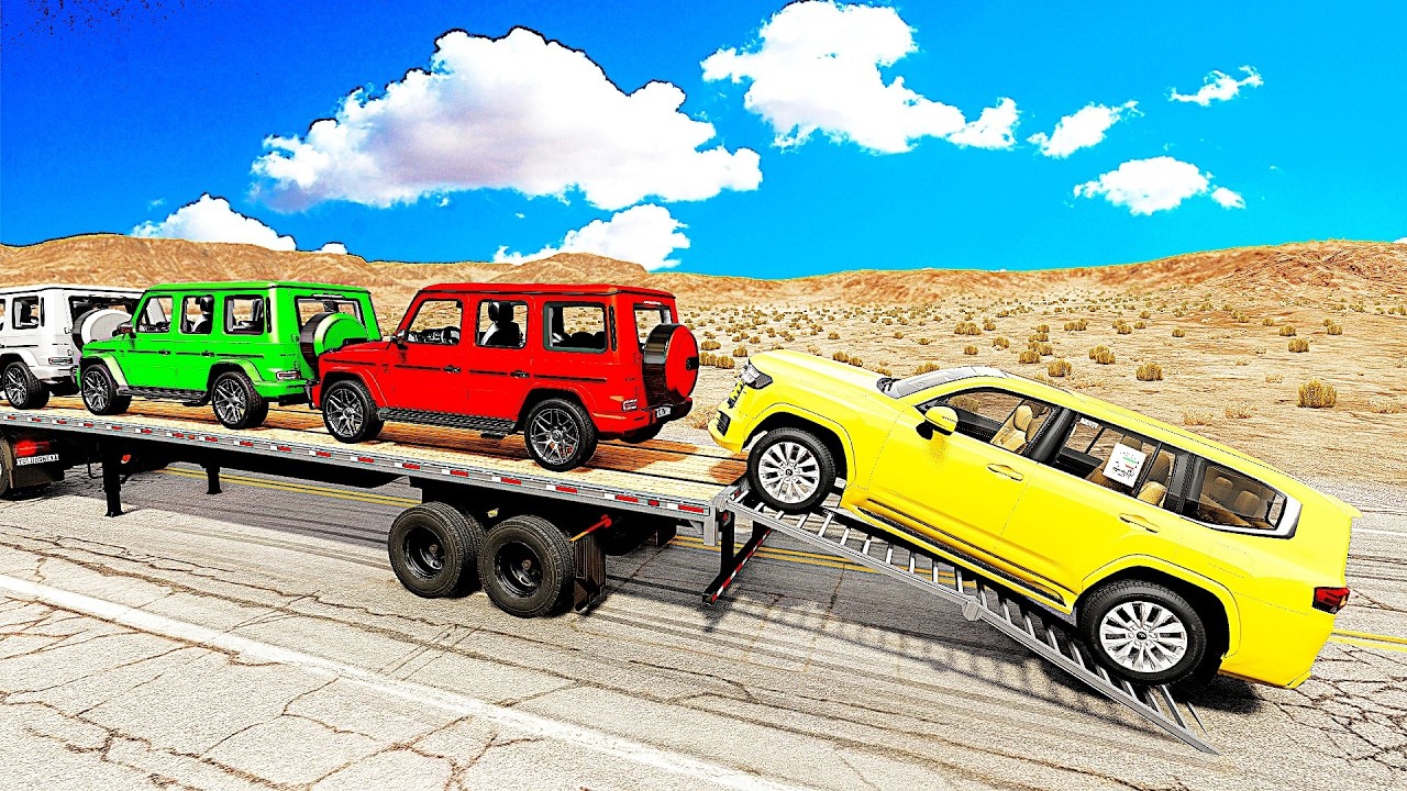 Four Trucks Transporting cars with Flatbed Trailers | Cars vs Speedbump vs Train vs Pothole 