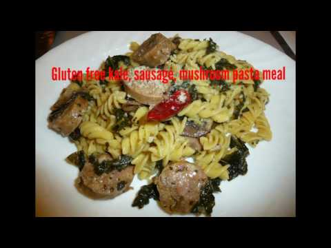 Gluten free garden fresh kale and sausage pasta meal with mushroom, garlic, lemon sauce.