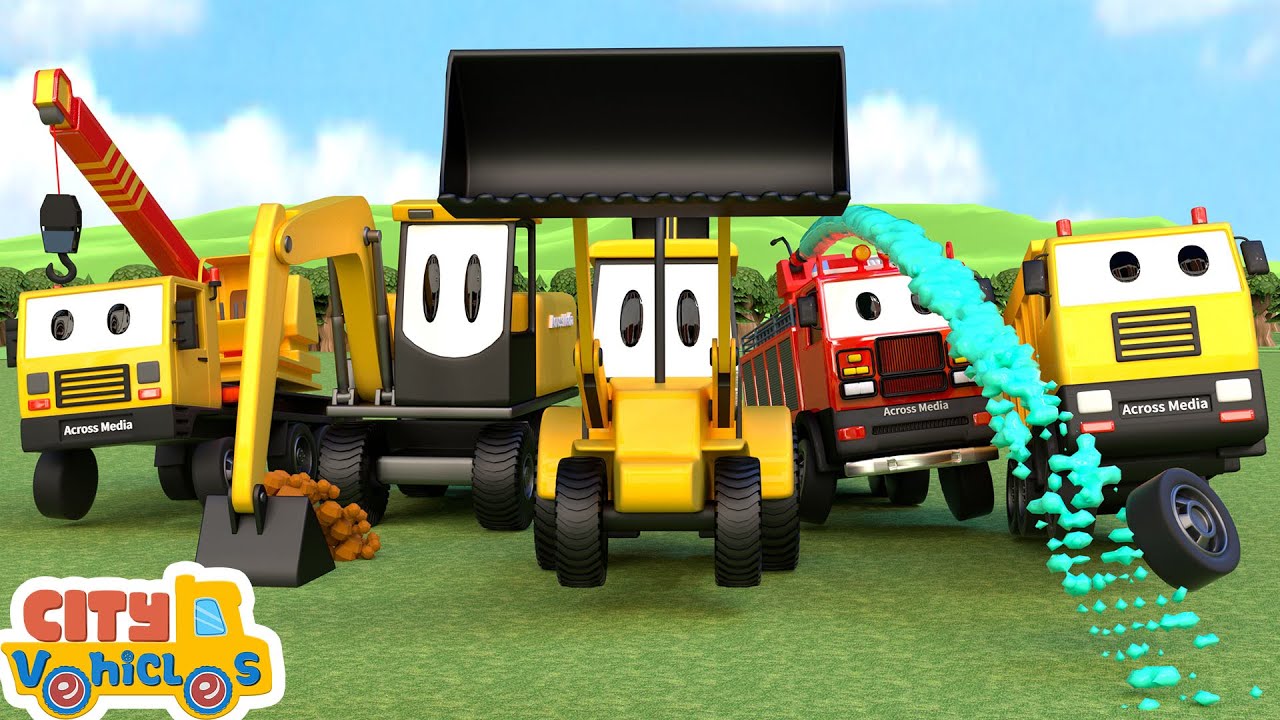 Construction vehicles rescues a tractor that fell into concrete on a building site- -crane truck.