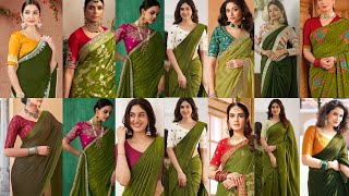 Latest Mehndi Color Saree Contrast Blouse Designs 2025 | Mehndi Color Saree With Contrast Blouse screenshot 1