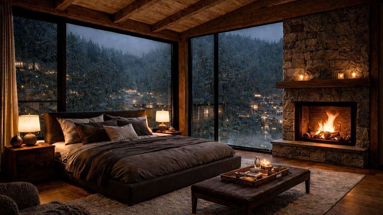 Peaceful Rainy Night with Warm Fireplace in Cozy Bedroom