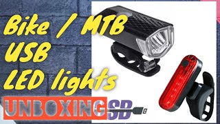 UNBOXING : 2 pcs USB bicycle LED lights blinker rechargeable head light and tail light Road Bike MTB