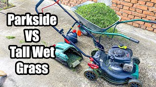 Parkside Petrol Lawn Mower Tall Wet Grass Cutting & Bagging