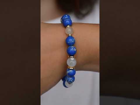 Браслет на гумці натуральний Варісцит, Опал дендритовий +вставки колір золото фур-ра гіп-ний сплав d-10-6мм L-18см, видео 1