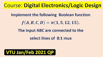 Implement the Boolean function 𝒇(𝑨,𝑩,𝑪,𝑫)=𝝅(𝟏,𝟓,𝟏𝟐,𝟏𝟓). Use 8:1 MUX