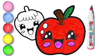 Drawing, painting, coloring nice apple and strawberry for kids. How to draw Kawaii cute drawings.