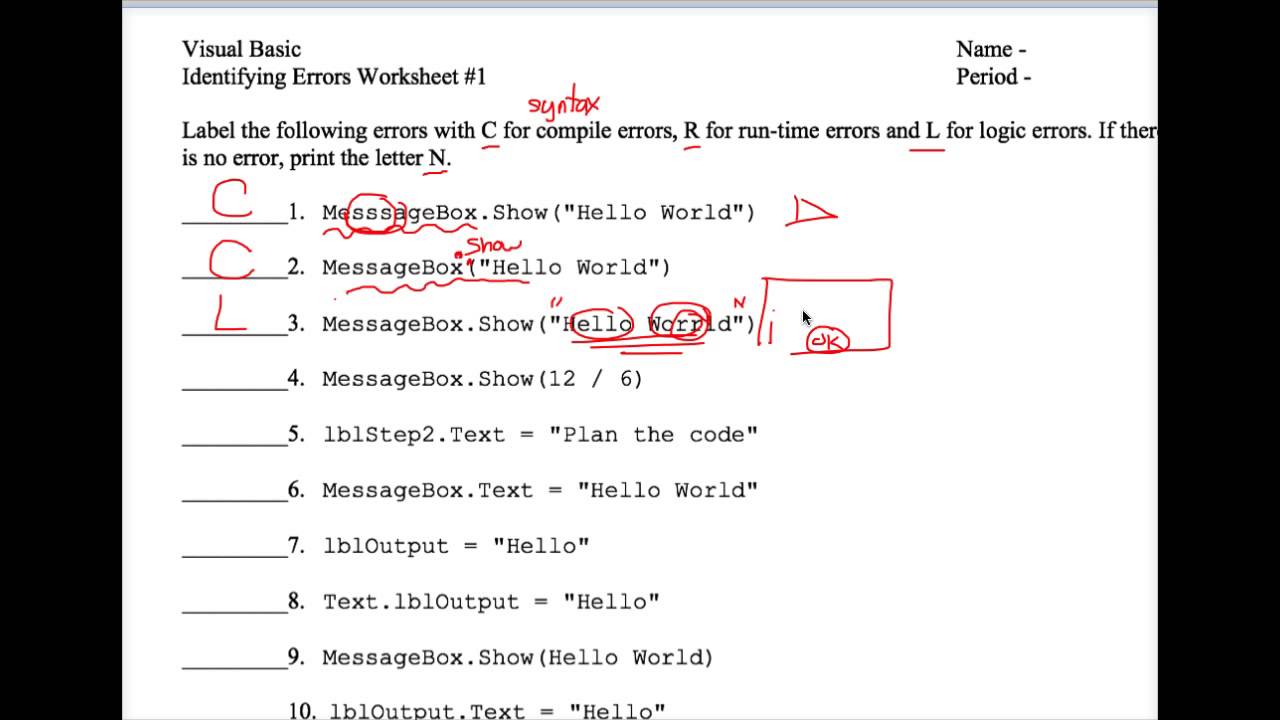 Vb identifying errors worksheet 1 youtube