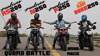 KTM Duke 250 vs Pulsar N250 vs Pulsar F250 VS Pulsar RS 200 BS3 Drag Race