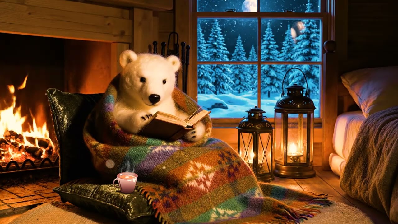 Cozy Night by the Fireplace with Polar Bear | Gentle Christmas Piano for Sleep & Focused Reading 🎄❄️