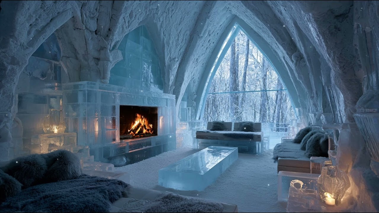 ❄️ Cozy Ice Hotel Lounge Ambience ✨Warm Fireplace, Soft Piano Music and Snow