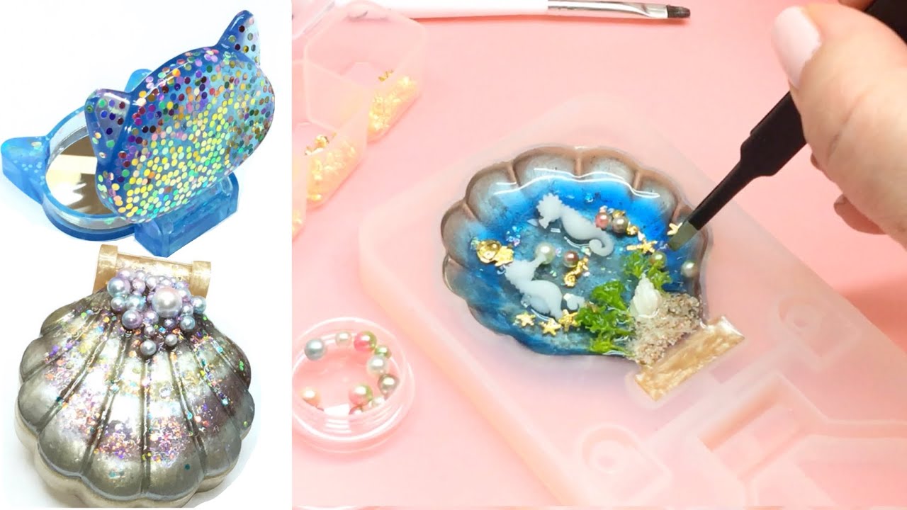 Cat Compact mirror- Seashell compact mirror/ shaker- Resin Crafts- DIY