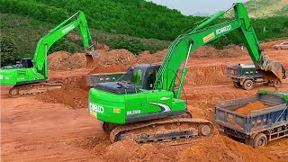 Double Big Green Excavator Kobelco SK250 Loading Many Trucks - Mining Work