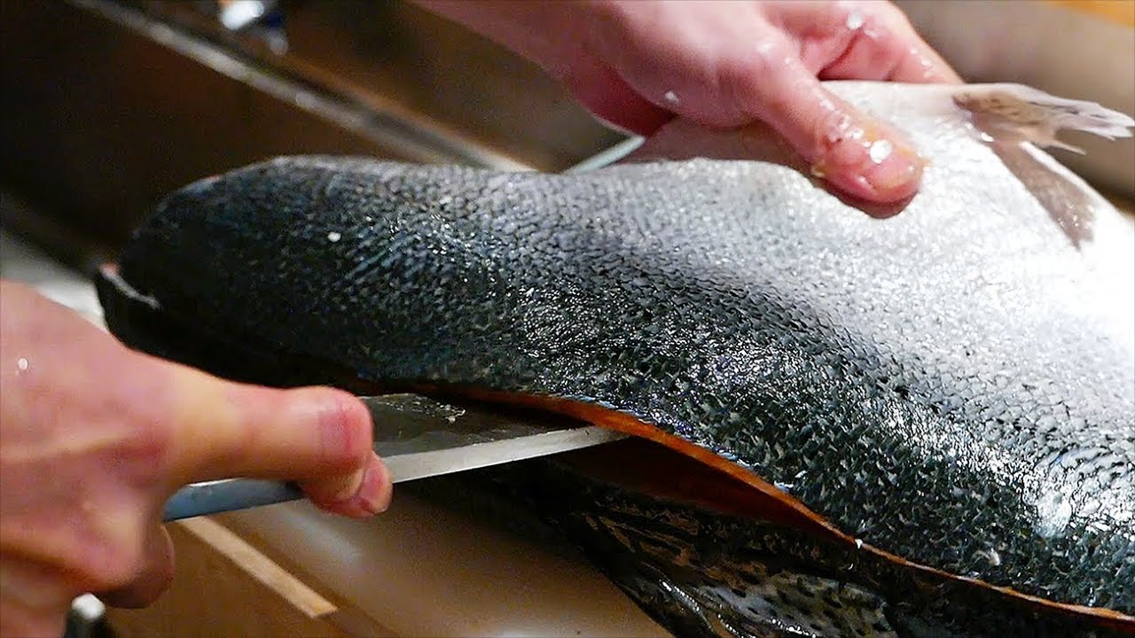 Japanese Food - FISH CUTTING SKILLS Salmon, Mackerel, Squid Sushi Kyoto Seafood Japan