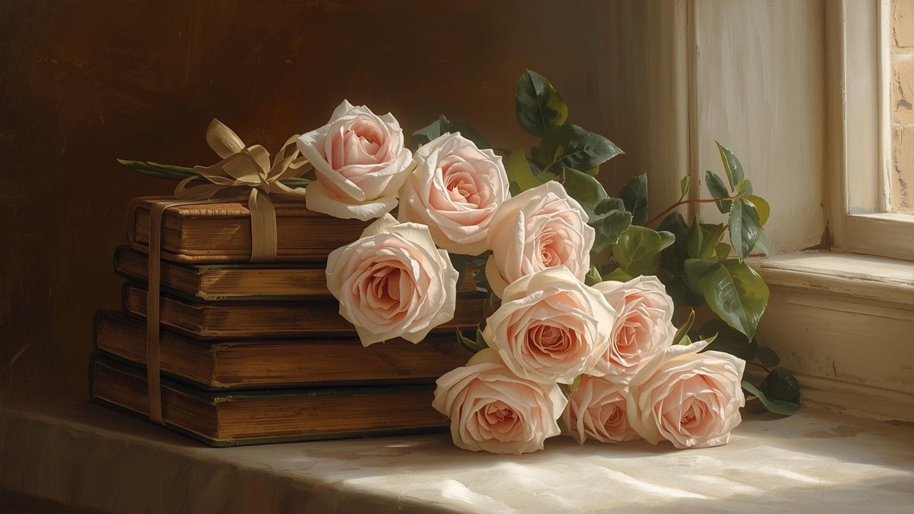 Romantic Blush Roses & Antique Books Vintage Painting | Frame TV Art | 2-Hour Screensaver