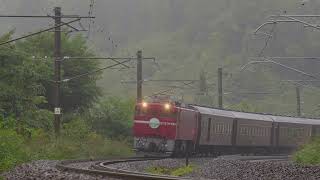 4K画質【本降りの単線並走区間を走るED75-777 + 旧型客車 快速「レトロおものがわ」 9422列車】奥羽本線(峰吉川〜羽後堺)2022.9.24