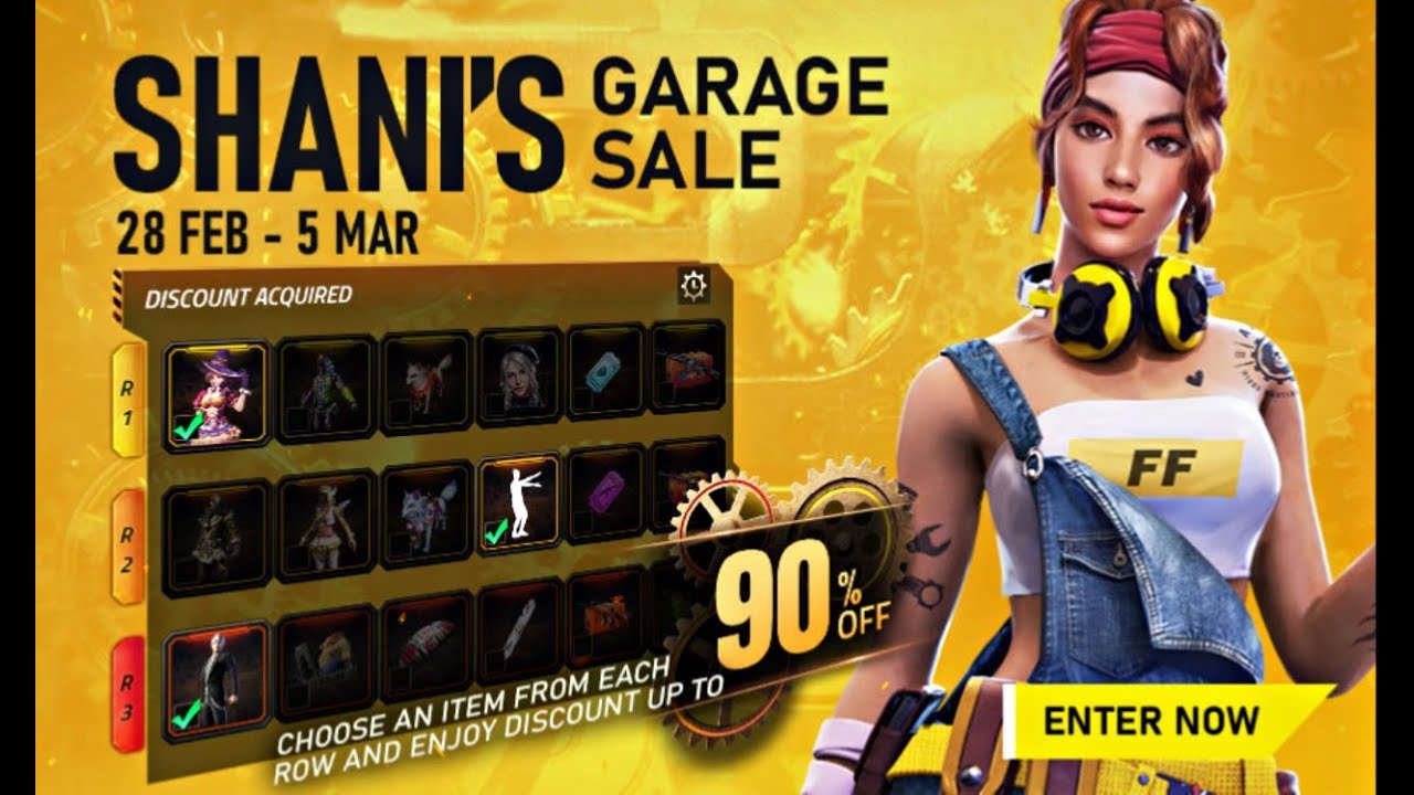 FREEFIRE NEW EVENT SHANI'S GARAGE SALE EVENT FULL DETAILS - HOW TO GET UPTO 90% DISCOUNT