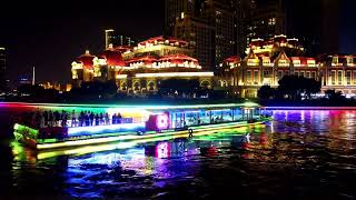 Aerial photography of Tianjin, China -- sightseeing boat on Haihe River航拍天津  海河上的观光船