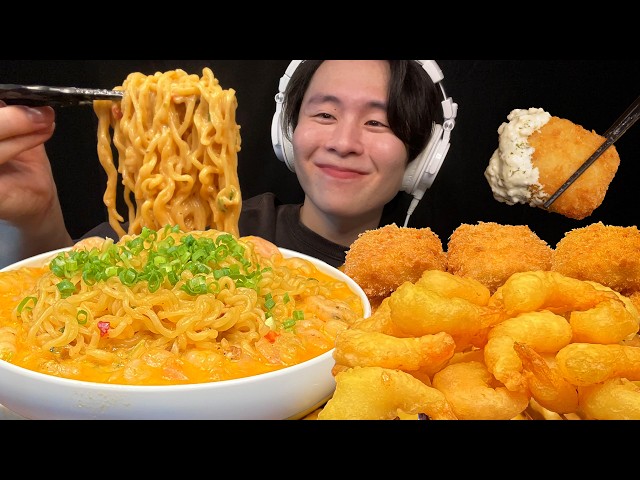 【ASMR】エビガーリック辛ラーメン🍤🔥【咀嚼音/mukbang/Eating Sounds】