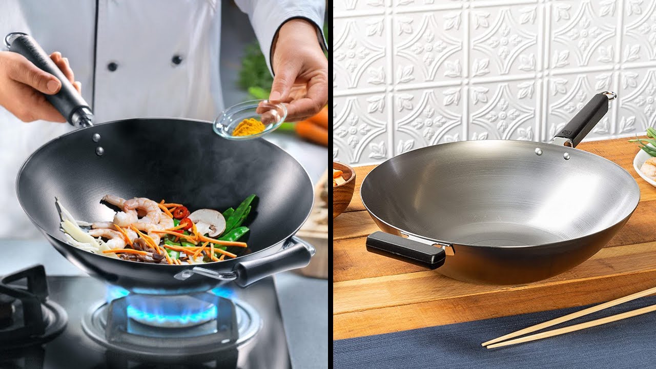 KYTD Nonstick Woks,13 Inches Carbon Steel Stir Fry Pans With Lid