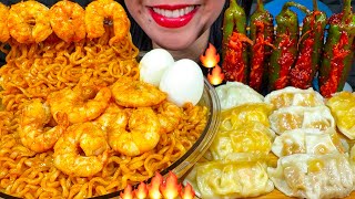 ASMR SPICY SHRIMP NOODLES, CHICKEN DUMPLINGS, EGGS, HOT CHILI KIMCHI MASSIVE Eating Sounds
