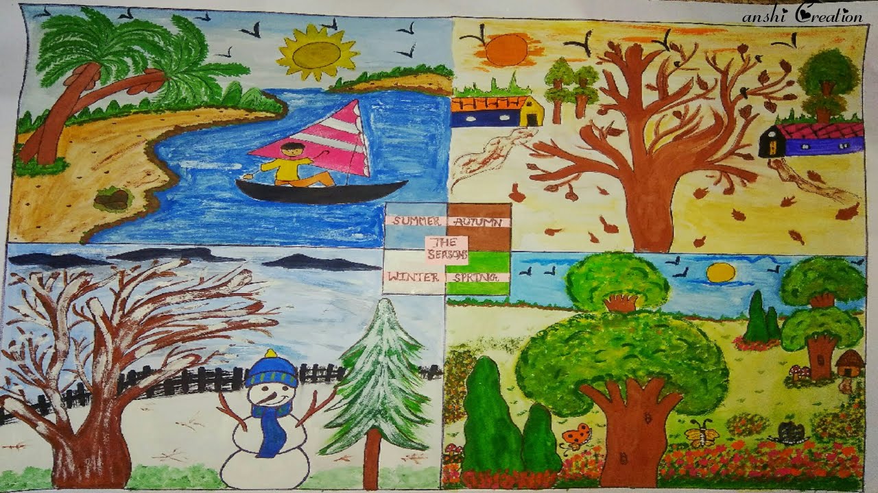 All Season Weather Drawing For School Project Poster Winter